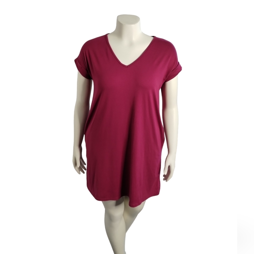 Entro Burgund Wine Cuffed Sleeve V-Neck T-Shirt‎ Mini Dress Womens M Medium